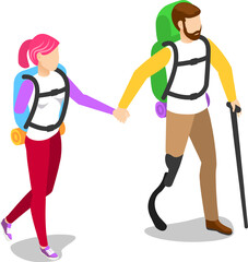 Isometric hikers with backpacks holding hands and walking, overcoming challenges and enjoying the journey together, promoting inclusivity and perseverance in outdoor activities