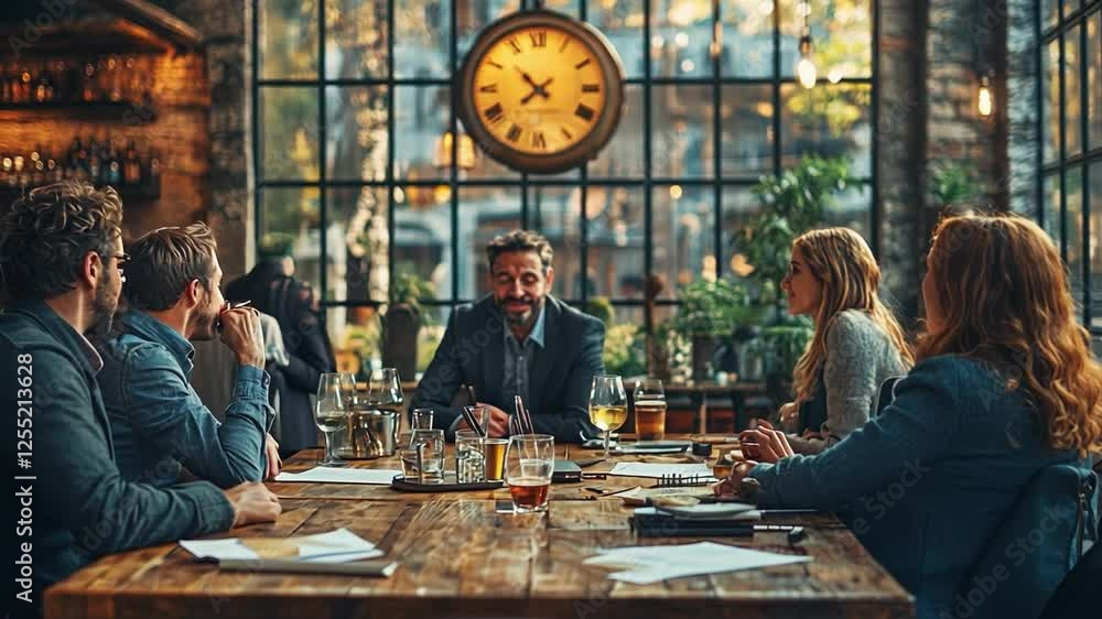 Aufkleber brainstorming and collaboration: a dynamic business meeting unfolds within a rustic setting, illumin