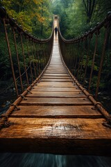 Obraz premium Businessman walking on rope bridge towards bright future in lush forest