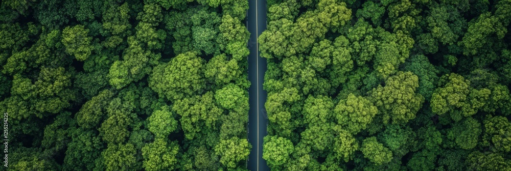 Poster straight road stretches into a lush green forest under bright daylight with tall trees lining both s