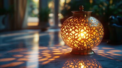 Ornate gold lantern casting warm light on a marble surface.