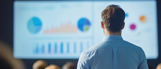Business presentation, professional analyzing financial data on large screen with charts, graphs, and statistics in conference room, meeting with team for strategy.