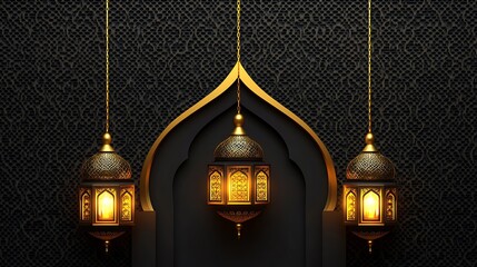 Fototapeta premium Elegant Golden Lanterns Hanging Against Dark Background