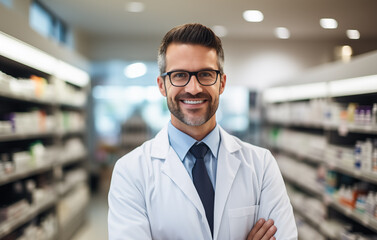 Obraz premium Pharmacist on the background of a pharmacy
