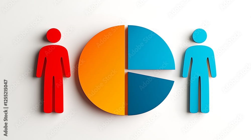 Poster Pie chart with person figures, illustrating division and comparison.  Possible use for presentations or business reports