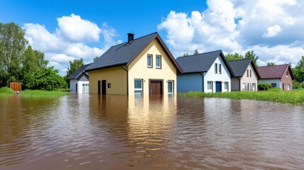 Flooded Homes Under Cloudy Sky