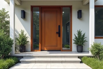 Modern House Entrance with Wooden Door, Stone Steps, & Planters - Landscaping & Exterior Design