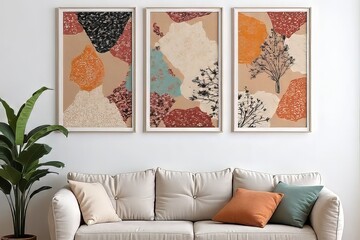 Modern Abstract Triptych Wall Art Prints | Beige, Orange, Teal, & Black - Living Room Decor