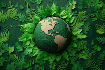 Green globe surrounded by leaves promoting environmental awareness