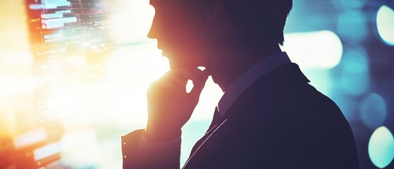 Business professional in suit reflecting on financial data and trends, contemplating investment strategies while analyzing stock market performance.