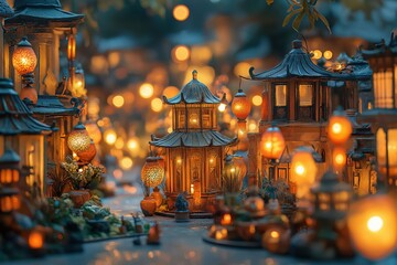 Miniature asian city growing with illuminated buildings and lanterns at night