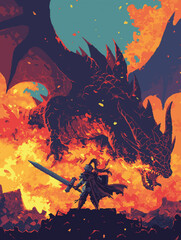 Pixel art battle scene, knight vs dragon, fire effects, 8-bit animation frames, Game Boy Color palette
