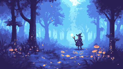 Enchanted forest pixel art, glowing mushrooms, magical creatures, 16-bit RPG style, parallax scrolling background