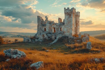 Fototapeta premium Ruined medieval castle on a hill with a dramatic cloudy sky