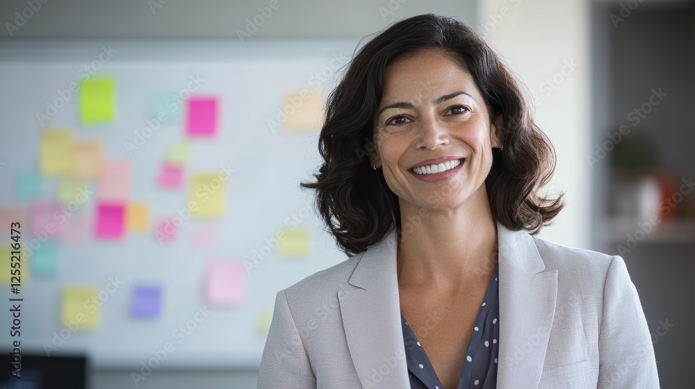 Poster business professional smiling in office setting, showcasing teamwork and collaboration with colorful