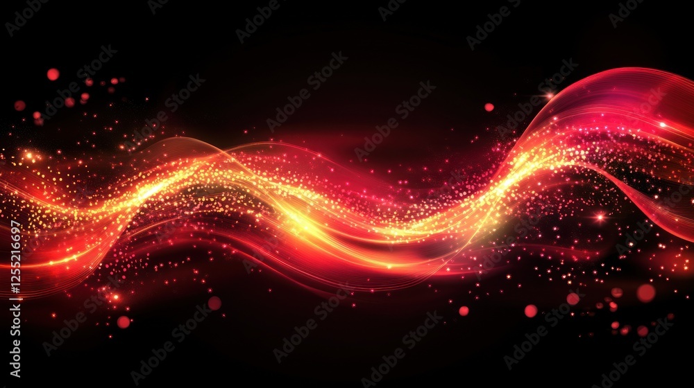 Poster abstract wave of red and gold light with sparkling particles on a dark background, suitable for digi
