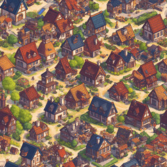 16-bit pixel art of a medieval village, isometric view, vibrant colors, detailed houses with smoke chimneys, RPG game style, nostalgic