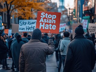 Crowd rallying in protest against Asian hate, demanding equality
