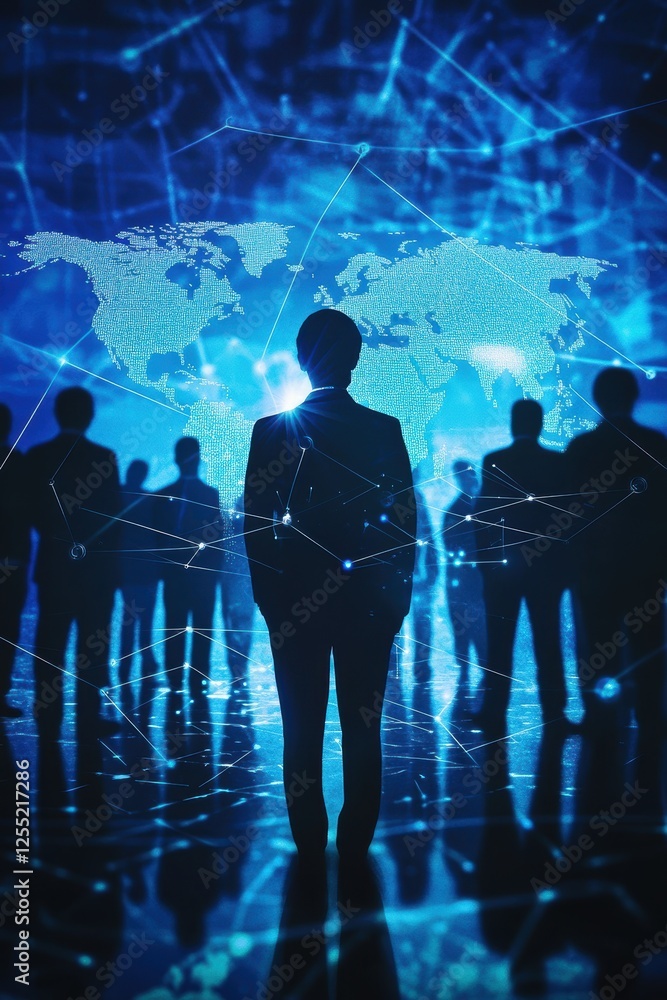 Poster business professionals collaborating on digital strategies with a backdrop of a global network, symb
