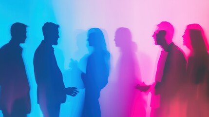 Business professionals engaging in conversation with colorful lighting, showcasing collaboration and networking in a modern office environment. Teamwork and ideas exchange.
