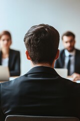 Business professionals in formal attire engaging in a strategy discussion during a corporate meeting, focusing on teamwork and digital solutions for growth.