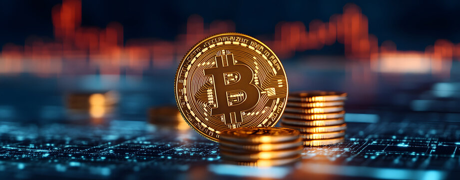 Bullrun crypto BTC, bull and many bitcoin gold coins, Bitcoin (BTC) coin with a bullish price chart in the background