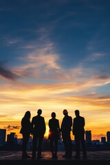 Fototapeta premium Business professionals silhouetted against a sunset, symbolizing teamwork, leadership, and strategic planning in modern corporate environments. Networking and collaboration.