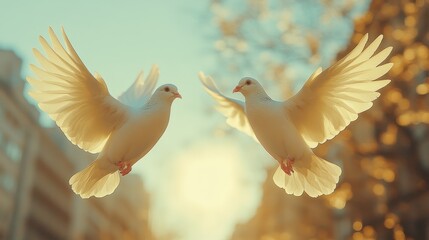 Fototapeta premium international day of peace two white doves flying in the sky freedom and love concept