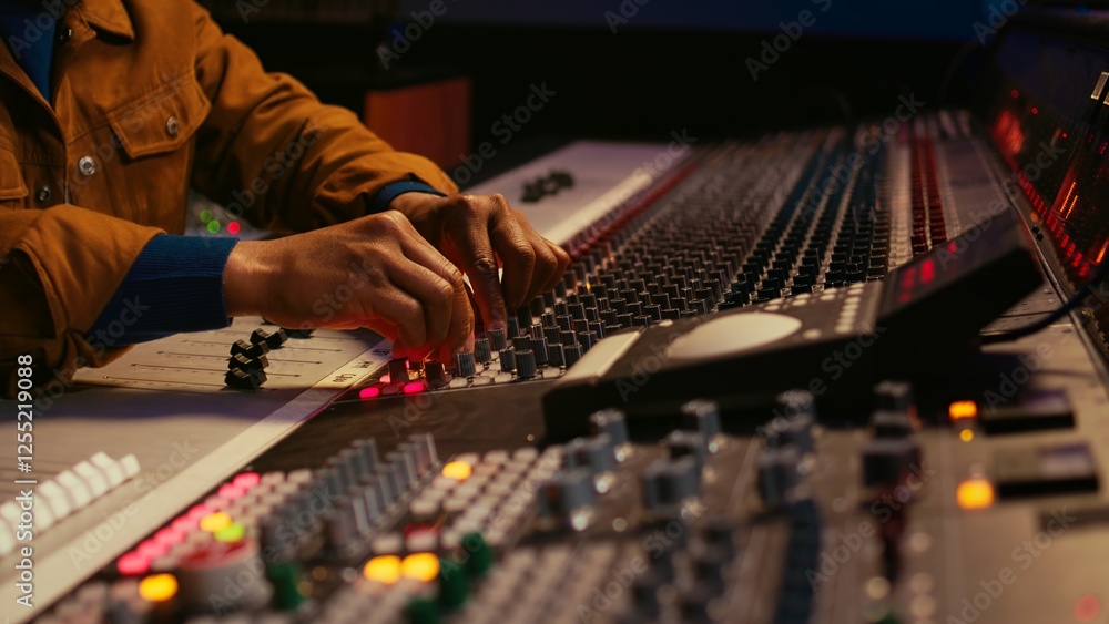 Poster African american producer uses control desk with automatic equalizer, mixer and sliders to edit tracks in post production. Sound engineer processing audio recordings, mixing console. Camera B.