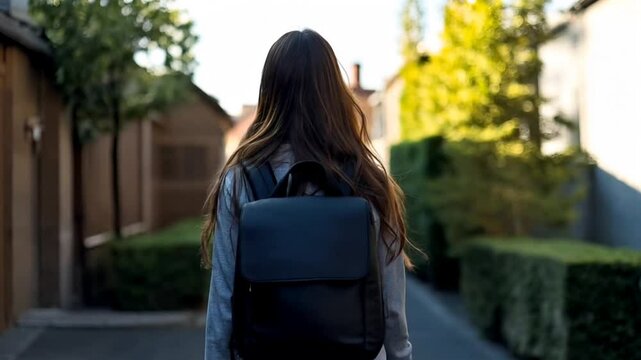 Young woman walking down a quiet suburban street with a stylish black backpack