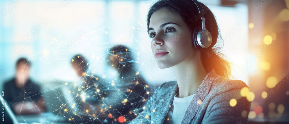 Poster call center operator wearing headphones engaged in customer support task. focused professional worki