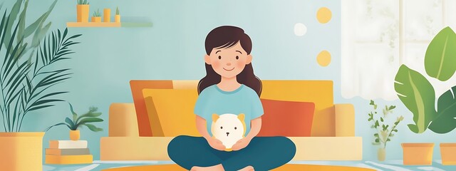 Girl with pet in cozy living room