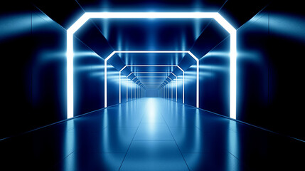 Futuristic neon-light tunnel with a sleek minimalist design perfect for sci-fi backgrounds and technology concepts. Copy space