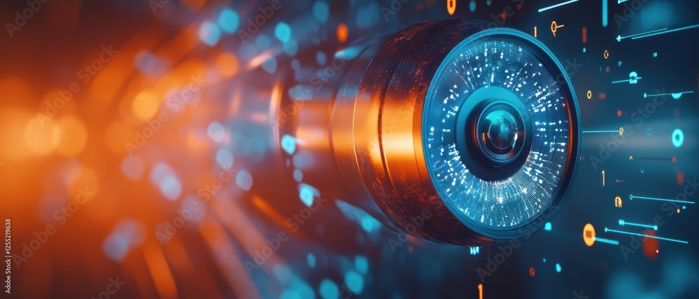 Poster camera lens with digital technology and data visualization, exploring concepts of surveillance, secu