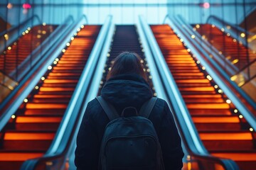 Student going up the escalator entering university building
