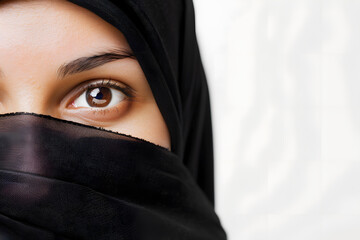 Naklejka premium Portrait of muslim woman In Hijab isolated on white backdrop