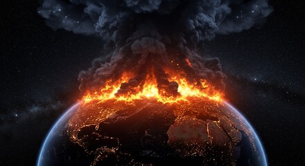 Earth engulfed in flames with rising smoke and star backdrop