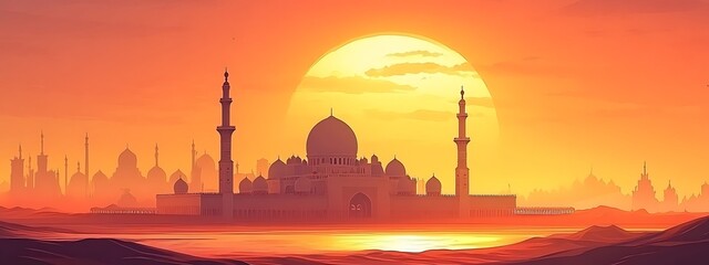 Naklejka premium Desert Sunset Mosque Silhouette