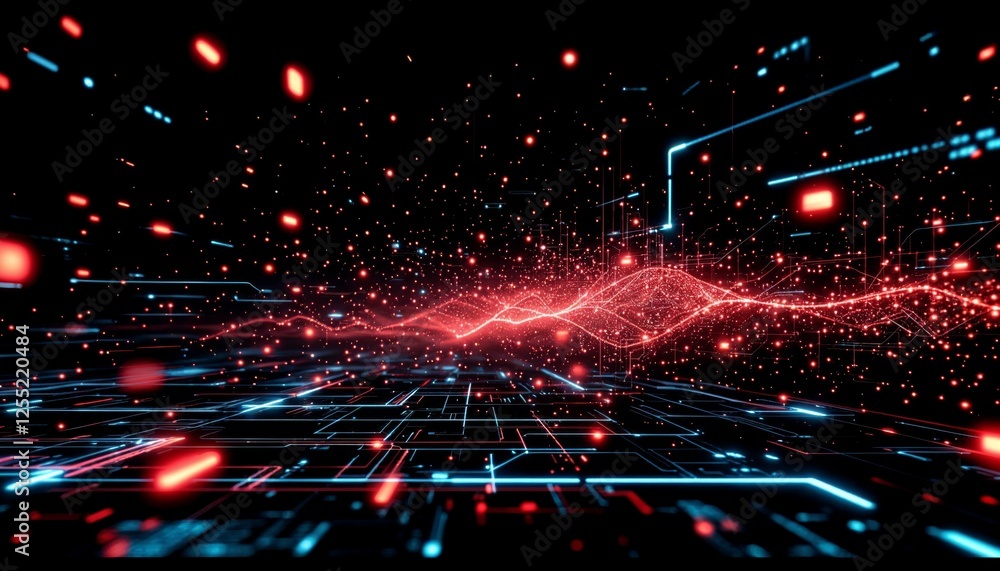 Aufkleber futuristic data stream visualization in neon hues on deep black backdrop