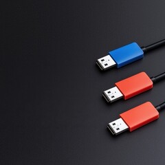 Pair of usb connectors with red and blue cables on a neutral background realistic photography