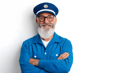 Portrait elderly bearded smiling sailor man in a uniform, isolated on white background