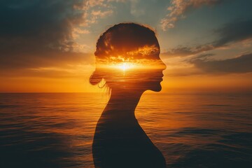 Woman silhouette combining with golden sunset over ocean: growth concept