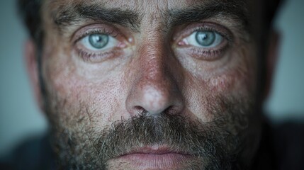 Fototapeta premium Close-up portrait of a man, intense gaze, weathered face, dark background, for documentary use