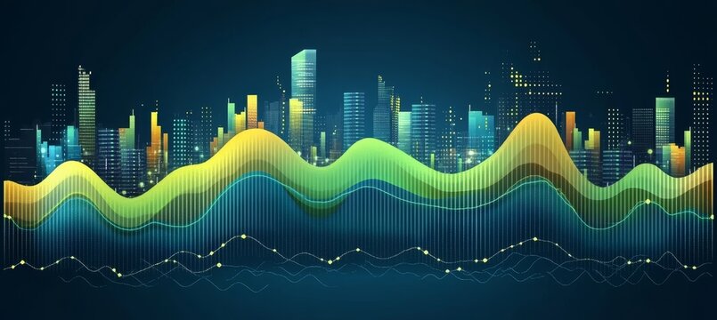Abstract Skyline Reflecting Financial Data Trends, Growth In Stocks And Global Economics