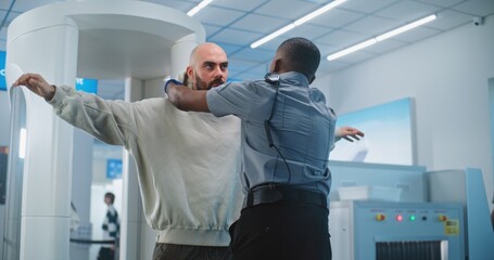 Security Checkpoint in Airport Terminal: Diverse Security Officers Check Passengers After Metal Detector Scanning Gates. TSA Screening Procedures for Boarding Flight. Tourist Going on Holiday Trip.