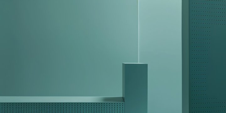 A minimalist composition with a muted teal background, Sparse dots and linear patterns, Minimalist editorial design