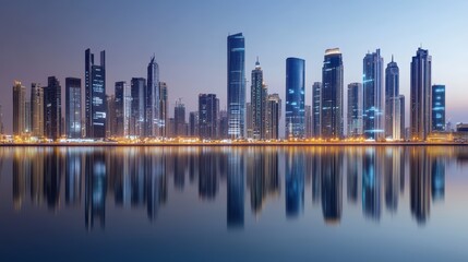 Obraz premium City skyline at dusk showcasing modern architecture, waterfront reflections, urban development, and vibrant lights in a metropolitan area by the river.