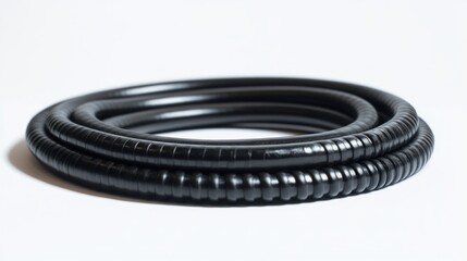 Black flexible corrugated tubing coils on white. Industrial product photography