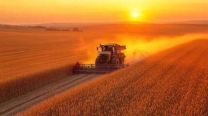 Fototapeta premium Tractor harvesting wheat field at sunset.