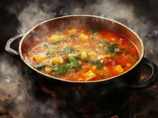 Cooking a hearty vegetable stew in a dark pot on a stove. Generative AI